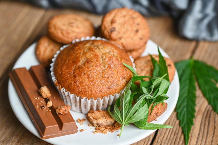 Cannabis edibles on wooden table