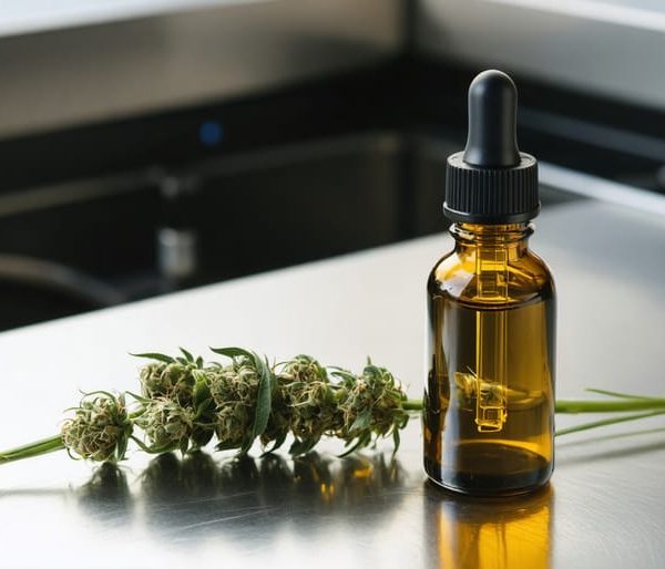 Close-up of an unlabeled amber CBD oil dropper bottle next to a fresh hemp sprig on a stainless steel lab bench, with CO2 extraction tanks, lab glassware, and a PPE-clad technician softly blurred in the background under diffused daylight.