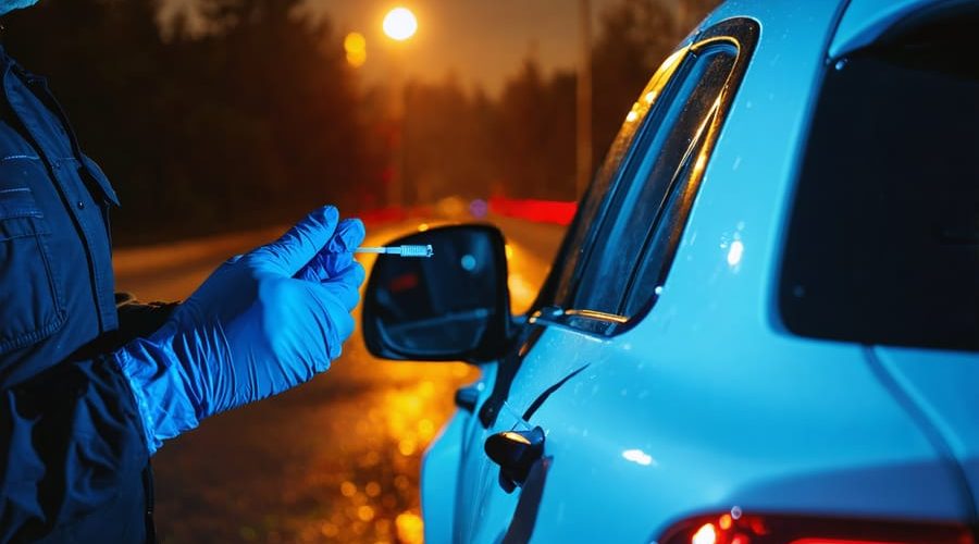 Police officer using an oral THC test swab on a driver at a nighttime roadside stop, red and blue lights reflecting inside the car, with a blurred unmarked police vehicle and wet highway shoulder in the background.