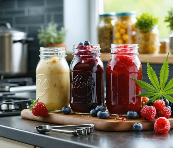 Sealed mason jars of cannabis-infused jam and sauce on a wooden counter with a small cannabis leaf and canning tongs, softly lit, with a pressure canner and stockpot blurred on the stove behind.