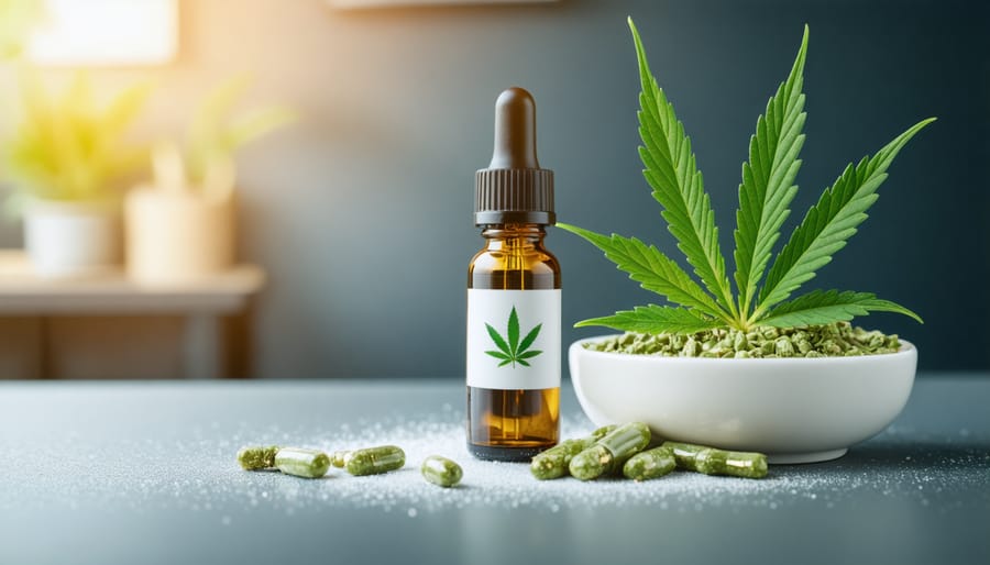 CBD oil bottle with dropper and hemp leaf on clean surface