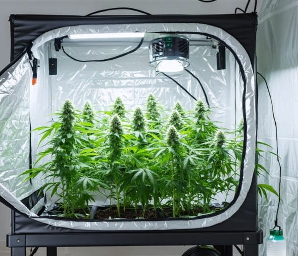 DIY cannabis grow tent built from a white PVC frame and reflective mylar with a partially open zipper door, showing potted cannabis plants, a carbon filter, and ducting in a neat basement corner under soft ambient light