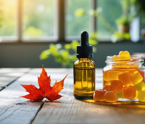 Eye-level close-up of a CBD oil dropper bottle and unbranded gummy jar on a wooden surface with a small red maple leaf, softly lit by daylight, with blurred lab beakers and a modern home interior behind.