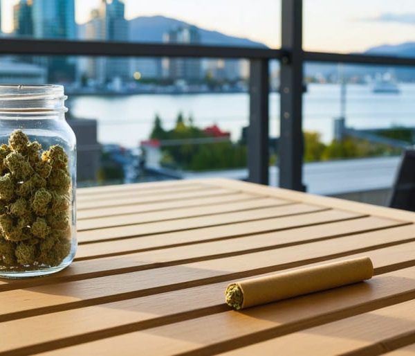 Glass jar of cannabis buds and a pre-roll on a wooden balcony table with a softly blurred view of Vancouver’s waterfront skyline, Canada Place sails, and the North Shore mountains at golden hour.