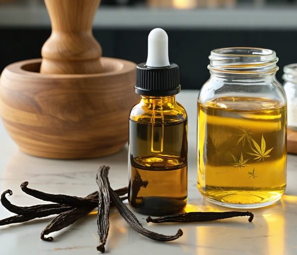 Amber dropper bottle of cannabis oil beside split vanilla beans and a small jar with a vanilla pod steeping in oil on a softly lit kitchen counter.