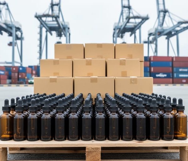 Pallet of unlabeled amber CBD dropper bottles on a loading dock with blurred port cranes and red-and-blue shipping containers in the background under overcast light.