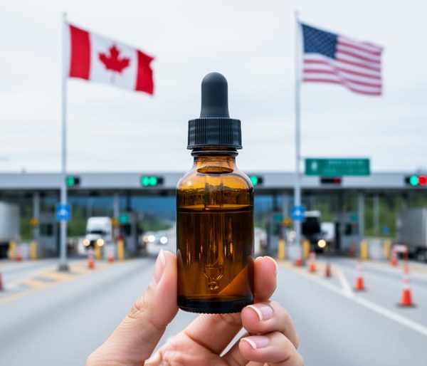 Unlabeled amber CBD oil dropper bottle in the foreground with Canadian and U.S. flags and border inspection booths softly blurred in the background on an overcast day.