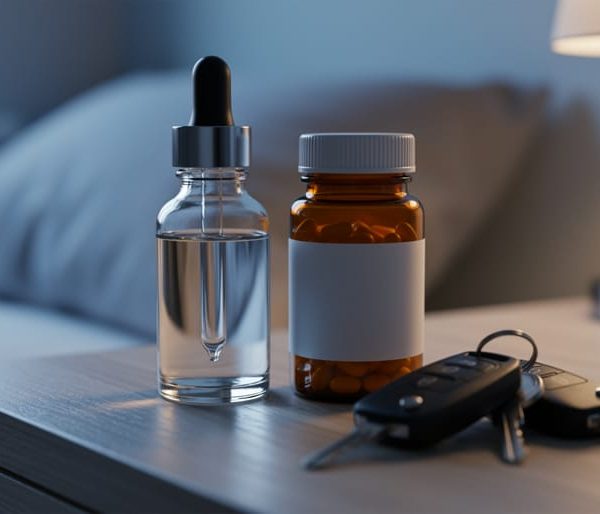 Close-up view of a CBD oil dropper bottle beside an unlabeled amber prescription pill bottle on a bedroom nightstand, softly side-lit, with car keys partially visible and a blurred pillow and lamp in the background.