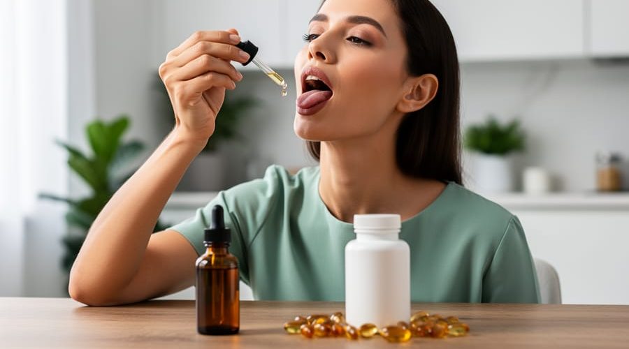 Close-up, eye-level photo of a person holding a dropper of CBD oil above their tongue, with an unlabeled amber bottle, a plain white pill bottle, and softgel capsules on a wooden table, softly lit with a blurred kitchen background.