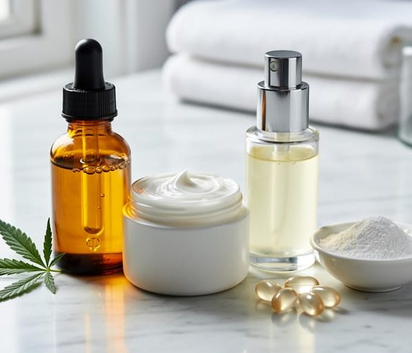 Unbranded amber CBD oil dropper bottle, white cream jar, and clear serum bottle arranged with a dish of white niacinamide powder, pearly ceramide capsules, and a small hemp leaf on white marble in soft daylight, with blurred towels and glass accessories behind.