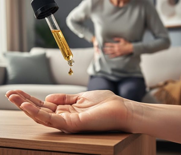 Unlabeled amber CBD oil dropper releasing a golden drop into an open palm on a wooden side table, with a blurred person holding their lower back in a sunlit living room.