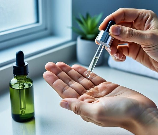Close-up of hands dropping clear retinol serum onto fingertips with an unlabeled green-tinted CBD oil bottle on a bathroom counter; soft daylight and a frost-blurred window in the background.