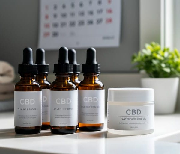 Close-up of amber CBD oil dropper bottles and a white cream jar on a bathroom countertop, lit by soft window light, with towels, a plant, and a blurred wall calendar in the background to suggest product expiration and freshness.