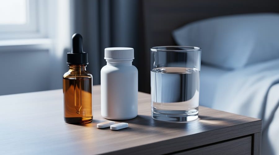 CBD oil dropper bottle next to a plain white prescription pill bottle, two tablets, and a glass of water on a wooden bedside table with soft window light and a blurred bedroom background.