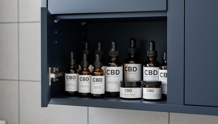 Well-organized cabinet with CBD products stored in dark bottles on wooden shelves