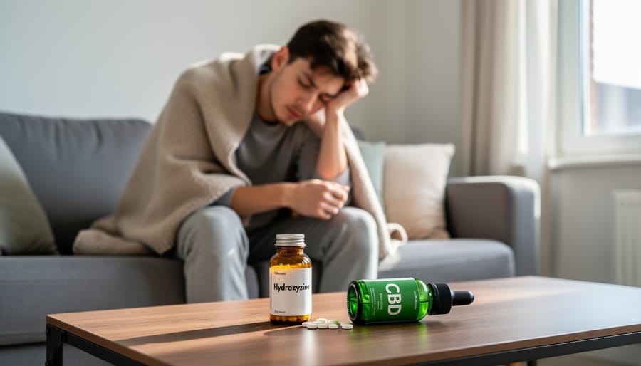 Woman experiencing drowsiness and fatigue while sitting on couch