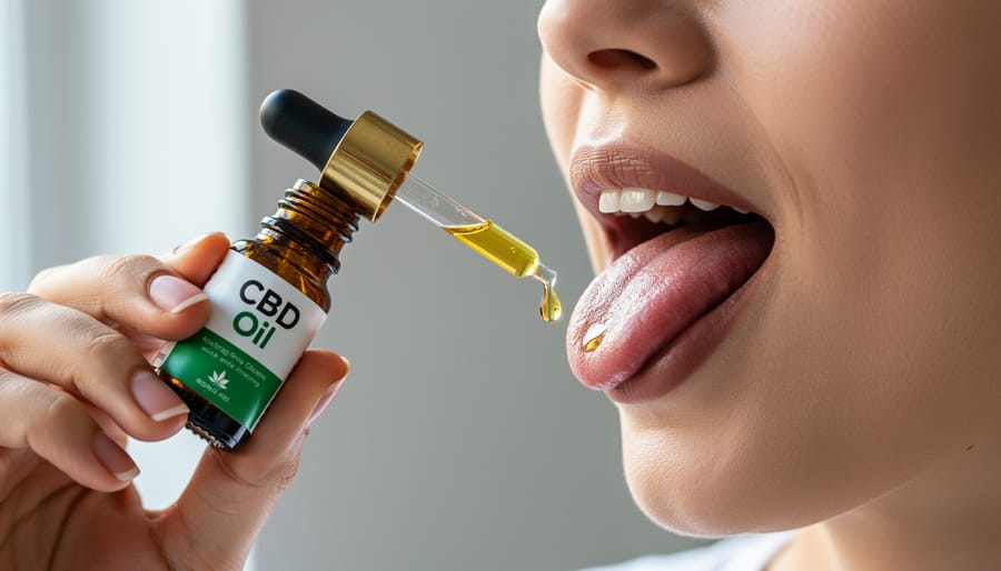 Close-up of CBD oil drop being administered under the tongue