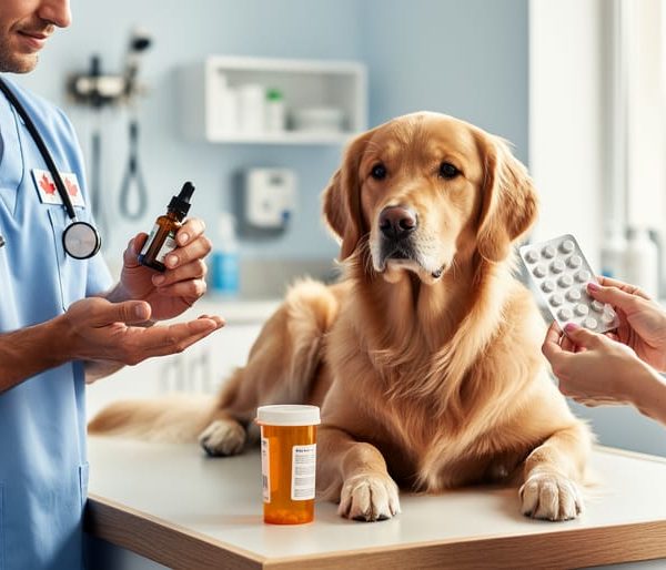 Veterinarian wearing a small Canadian flag pin holds an amber CBD oil dropper while a pet owner shows a pill blister and prescription bottle beside a senior golden retriever on an exam table in a softly lit clinic.
