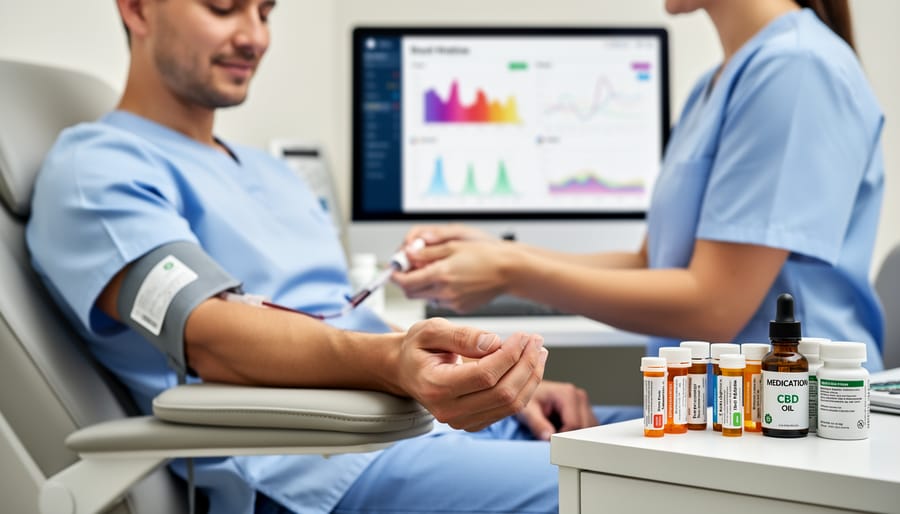 Healthcare professional drawing blood sample for medication level monitoring