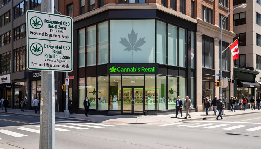 Modern cannabis retail storefront in urban Canadian commercial district