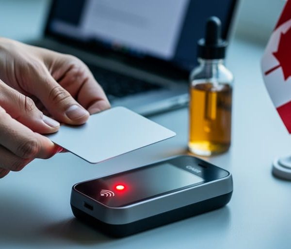 Close-up of hands holding a credit card above a contactless payment terminal with a red indicator light, with a blurred CBD oil dropper bottle, laptop keyboard, and small Canadian maple leaf flag in the background.