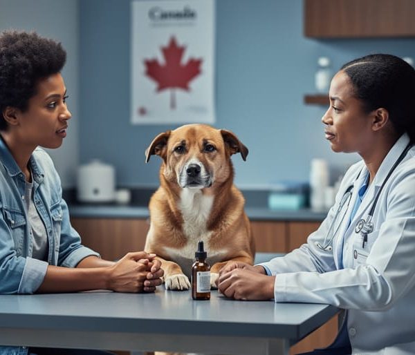 Canadian veterinarian in a clinic consulting with a pet owner beside a calm dog on an exam table, with an unlabeled amber dropper bottle between their hands and a softly blurred clinic background.