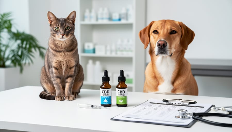Veterinarian examining cat with CBD oil bottle on exam table