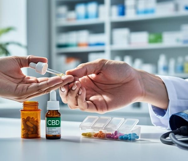 Close-up at a pharmacy counter showing a pharmacist’s hand stopping a patient’s hand holding a CBD dropper bottle next to an unlabeled orange prescription bottle and pill organizer, with blurred pharmacy shelves behind.