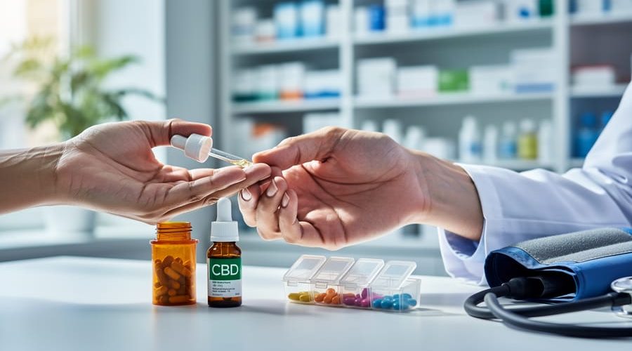Close-up at a pharmacy counter showing a pharmacist’s hand stopping a patient’s hand holding a CBD dropper bottle next to an unlabeled orange prescription bottle and pill organizer, with blurred pharmacy shelves behind.