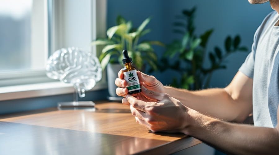 Close-up eye-level photo of relaxed hands holding an unlabeled amber CBD oil dropper bottle on a wooden table, lit by soft window light, with a blurred glass brain sculpture and houseplants in the background.