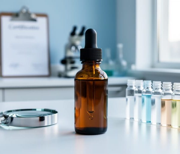 Amber dropper bottle of CBD oil on a laboratory bench beside a magnifying glass and sample vials, with an out-of-focus certificate and lab instruments in the background, representing independent COA verification and contaminant testing.