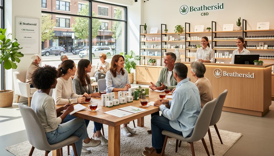 Group of people attending wellness workshop in CBD retail store with comfortable seating arrangement