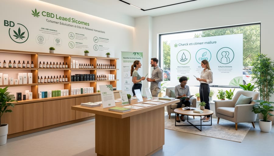 Customers consulting with staff in welcoming modern CBD retail store with comfortable seating area