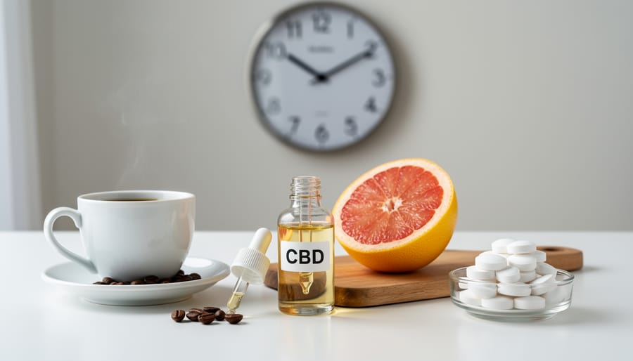 Morning coffee, grapefruit, and calcium supplements on breakfast table illustrating CBD timing considerations