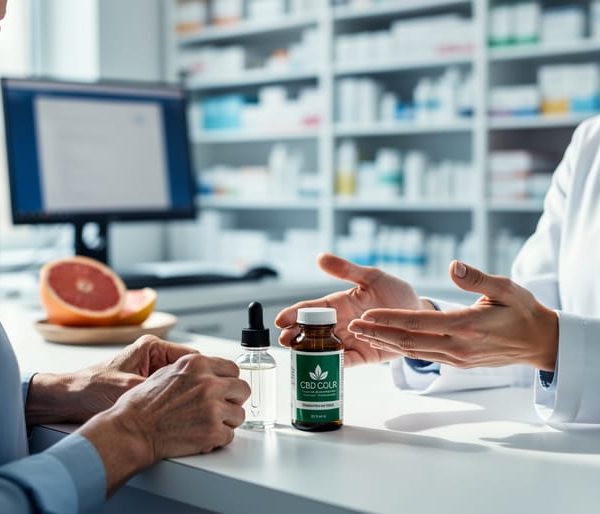 Pharmacist advising an adult patient with unlabeled pill bottles and a CBD oil dropper on the counter; blurred pharmacy shelves, computer, and a halved grapefruit in the background.
