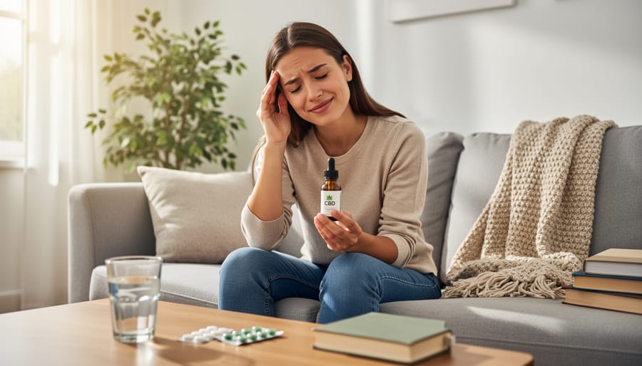 Woman relaxing peacefully on couch after using CBD for migraine relief