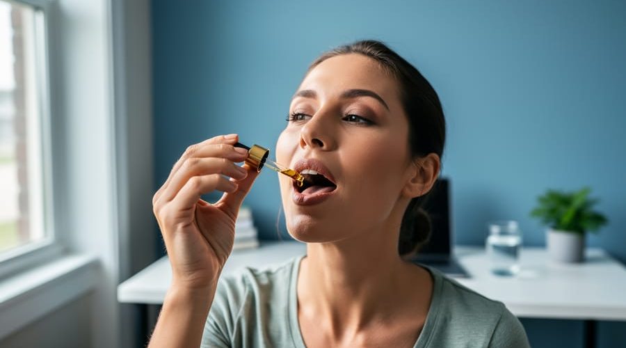 Woman taking CBD oil sublingually with a dropper at home, sharp focus on dropper and mouth, blurred home office with closed laptop and glass of water in the background.
