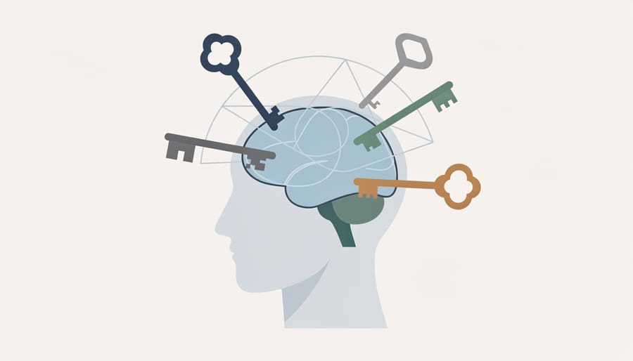 Multiple brass keys arranged on wood surface representing different mechanisms of action