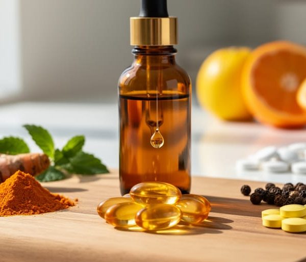 Eye-level close-up of an amber CBD dropper bottle above fish oil capsules, turmeric and black pepper, and B‑vitamin tablets on a wooden board, with blurred citrus and white tablets in the background under soft natural light.