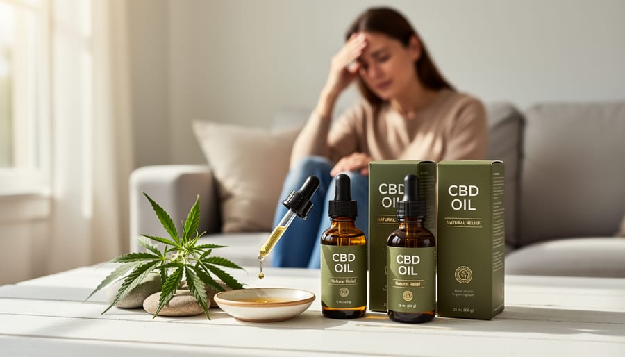 Close-up of CBD oil dropper dispensing oil into bottle with hemp leaves in background