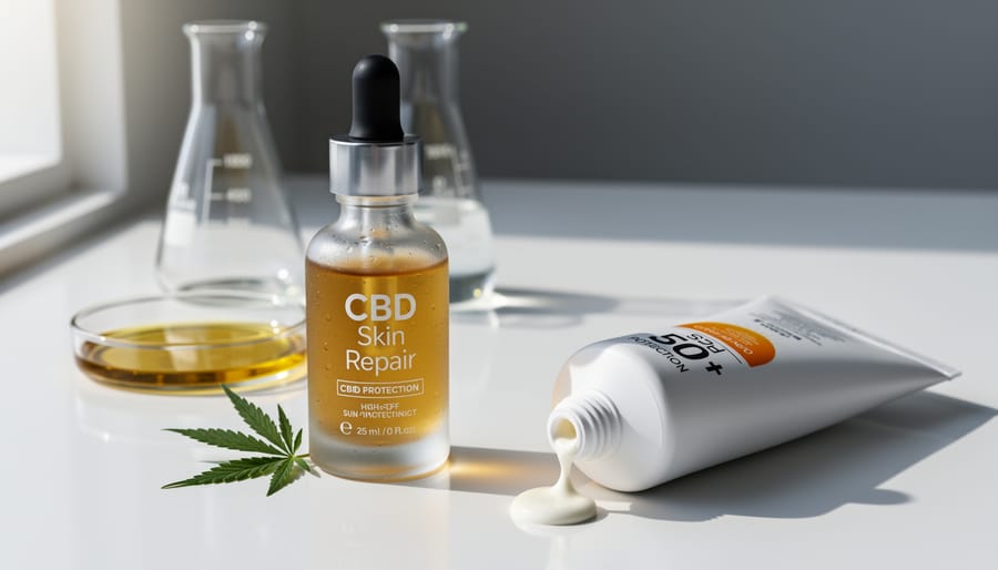 CBD oil dropper with hemp leaves showing natural cannabis skincare ingredients
