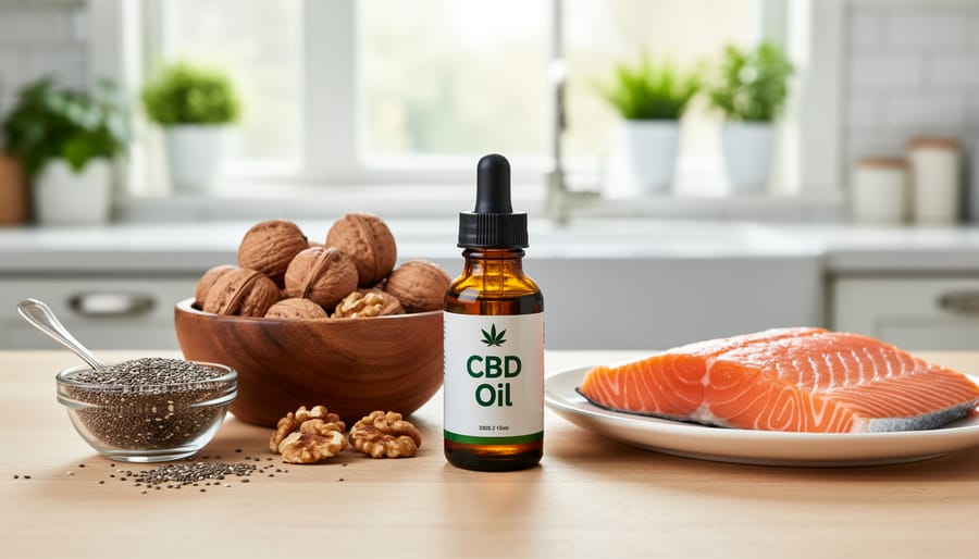 CBD oil bottle displayed with omega-3 rich foods including salmon, chia seeds, and walnuts