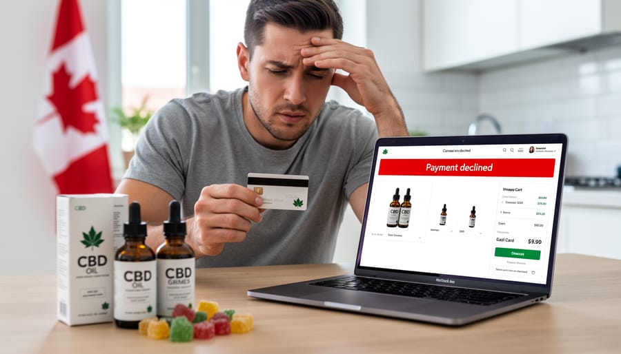 Person holding credit card in front of laptop experiencing declined payment