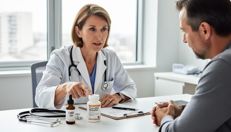 Prescription medication bottles arranged next to CBD oil dropper bottle on pharmacy counter