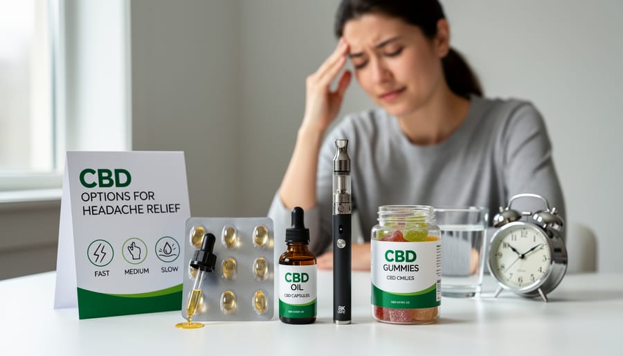 Variety of CBD products including oils, capsules, and vape pen arranged on marble surface