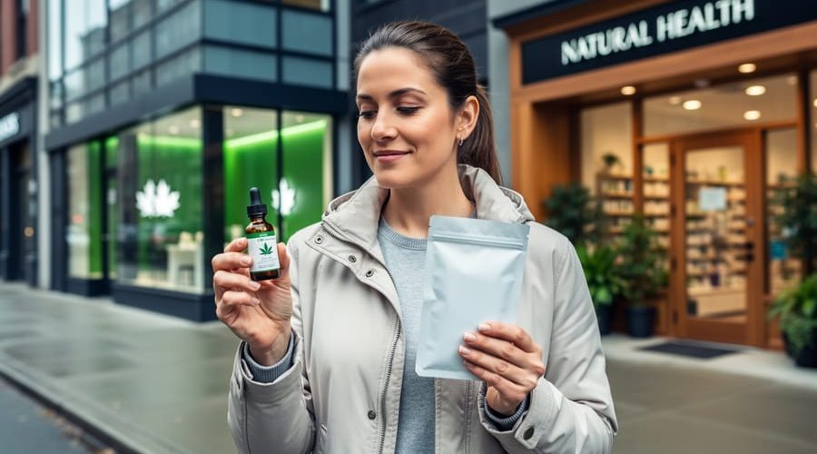A Canadian shopper holds a plain white child-resistant pouch and an amber CBD dropper bottle on a city sidewalk, with a modern cannabis retailer on one side and a natural health store on the other, both storefronts blurred and without legible text.
