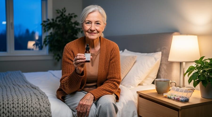 Older Canadian woman on bed holding an unbranded amber CBD dropper bottle, with tea and a closed pill organizer on the nightstand under warm lamplight; cozy room and houseplant softly blurred in the background.