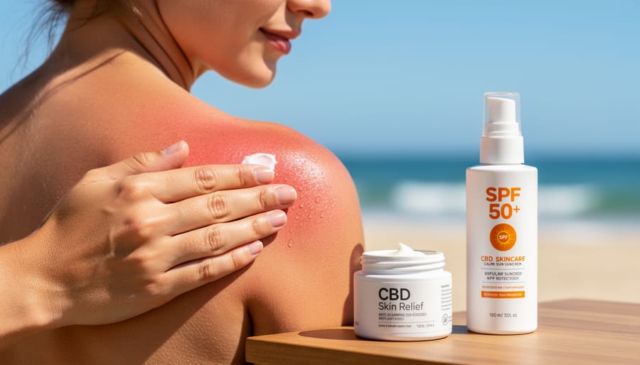 Woman with peaceful expression in natural sunlight applying CBD skincare product