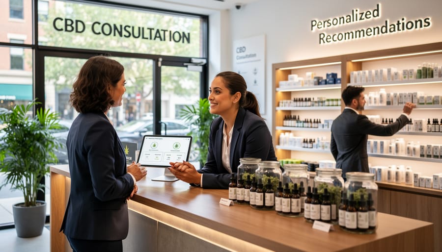 CBD retail consultant providing personalized product consultation to customer at consultation table