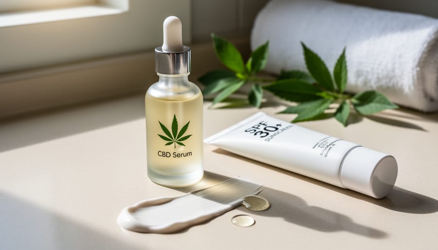 Overhead view of CBD skincare products and sunscreen arranged for layered application routine